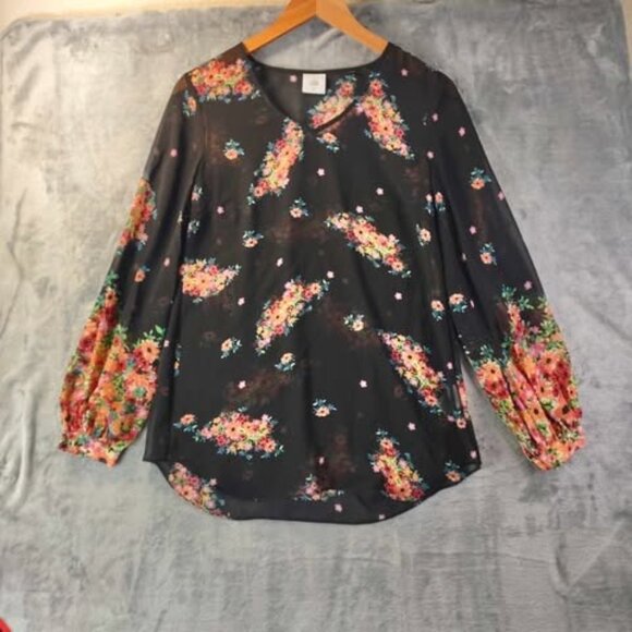 Cabi Sheer Floral Blouse‎ XS Style 3594 Long Sleeve Black Top garden party style - Picture 1 of 11